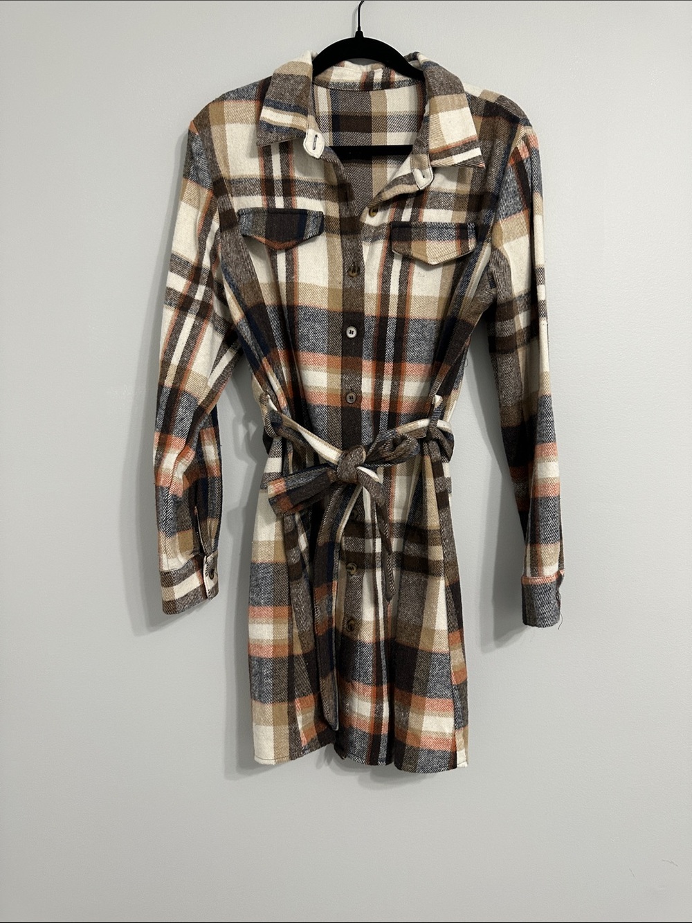 NWOT Cupshe Plaid Belted Shirt Dress in Brown, Navy, Burnt Orange, and Cream